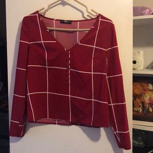 Button Front V-neck plaid top